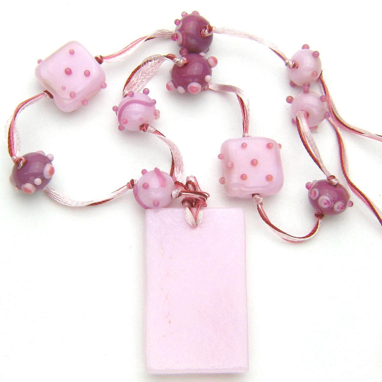 Free Shipping! "Beribboned in Pinks" Necklace with Our Own Lampwork and Fused Glass Free Shipping! "Beribboned in Pinks" Necklace with Our Own Lampwork and Fused Glass