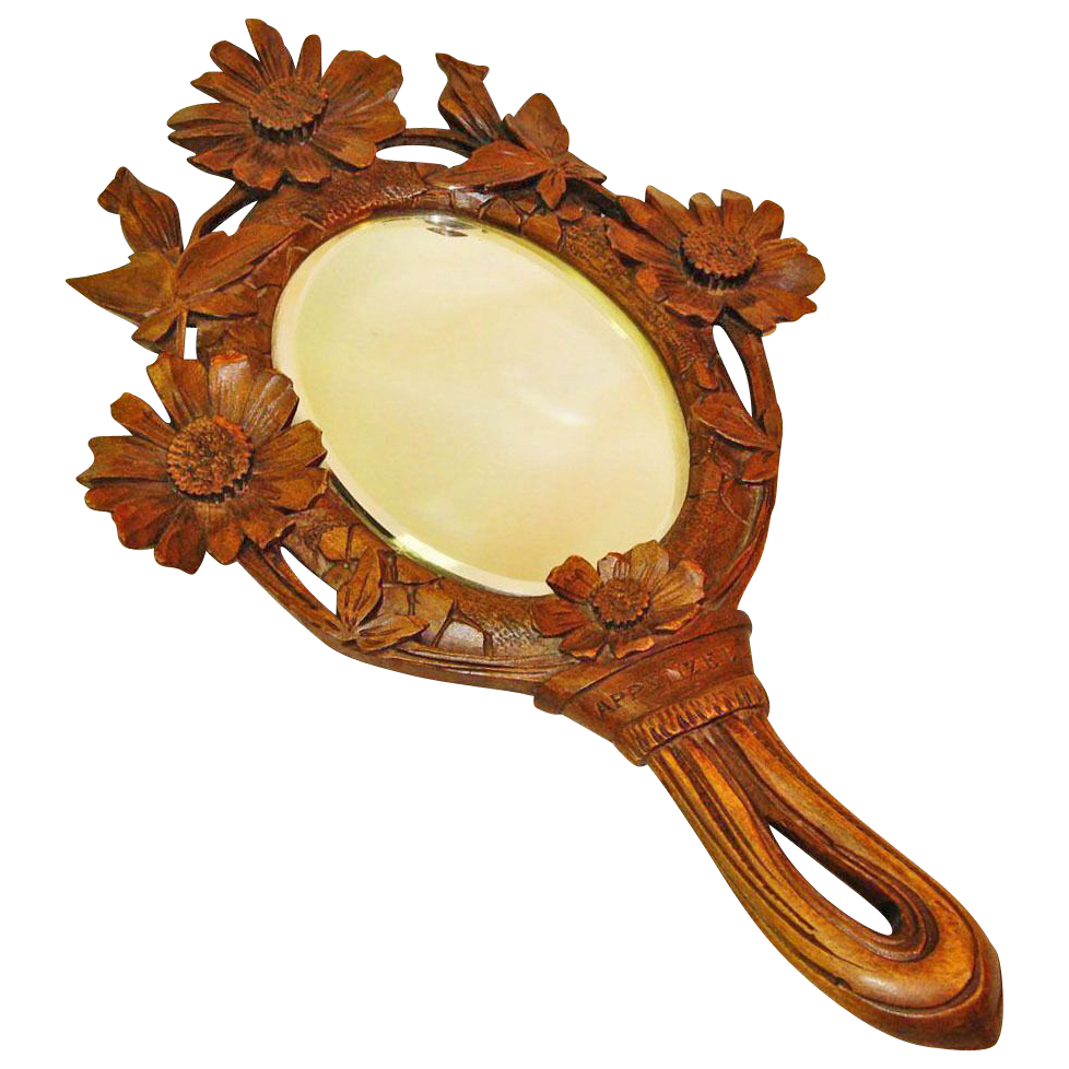 Black Forest Carved High-relief Souvenir Hand Mirror, Appenzell Black Forest Carved High-relief Souvenir Hand Mirror, Appenzell