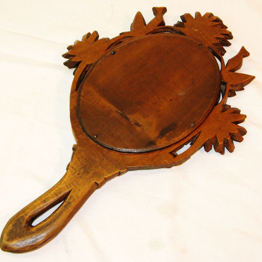 Black Forest Carved High-relief Souvenir Hand Mirror, Appenzell Black Forest Carved High-relief Souvenir Hand Mirror, Appenzell