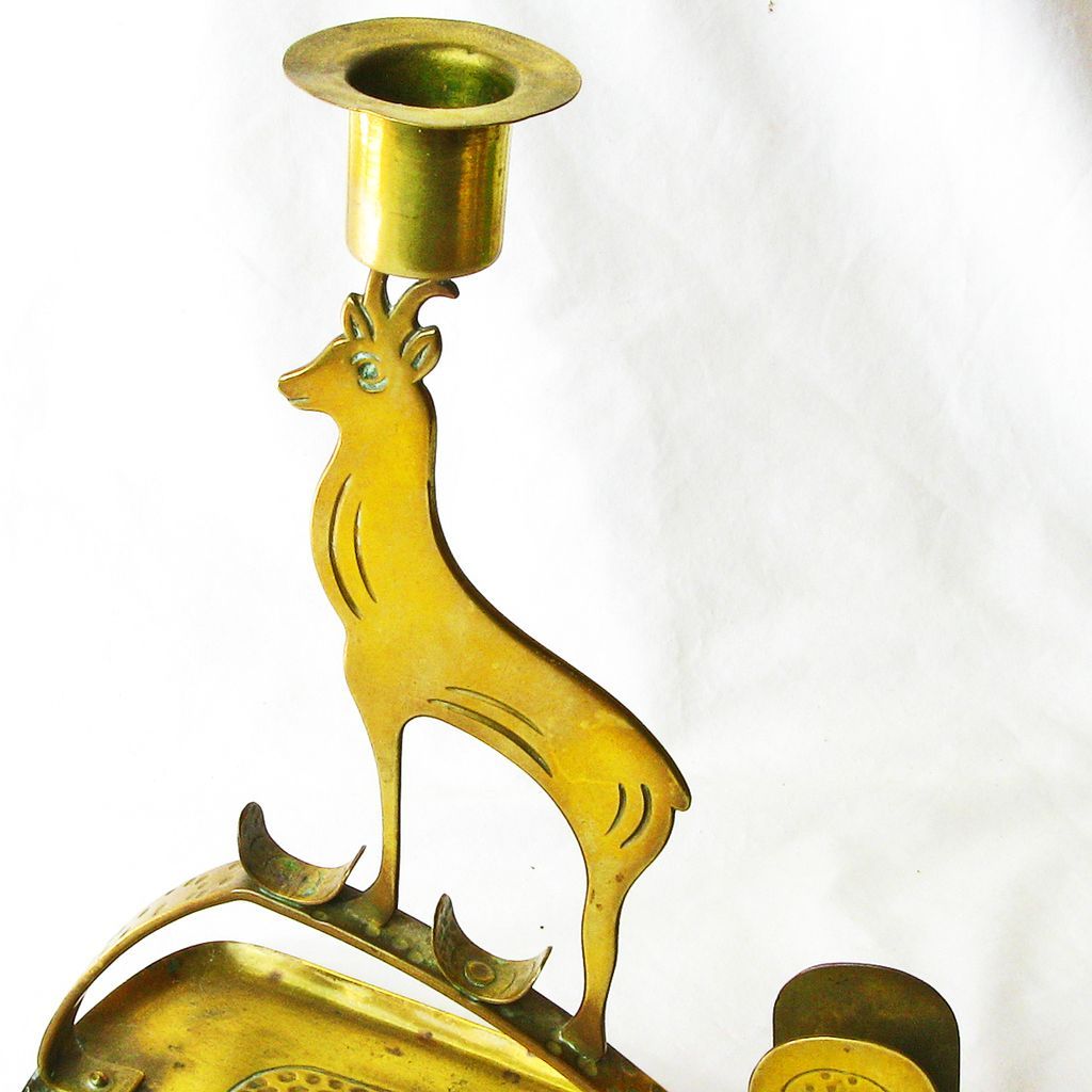 Rare Brass Goberg Signed Arts & Crafts Jugendstil Candlestick w/Matchbox Holder, Ca. 1910 Rare Brass Goberg Signed Arts & Crafts Jugendstil Candlestick w/Matchbox Holder, Ca. 1910