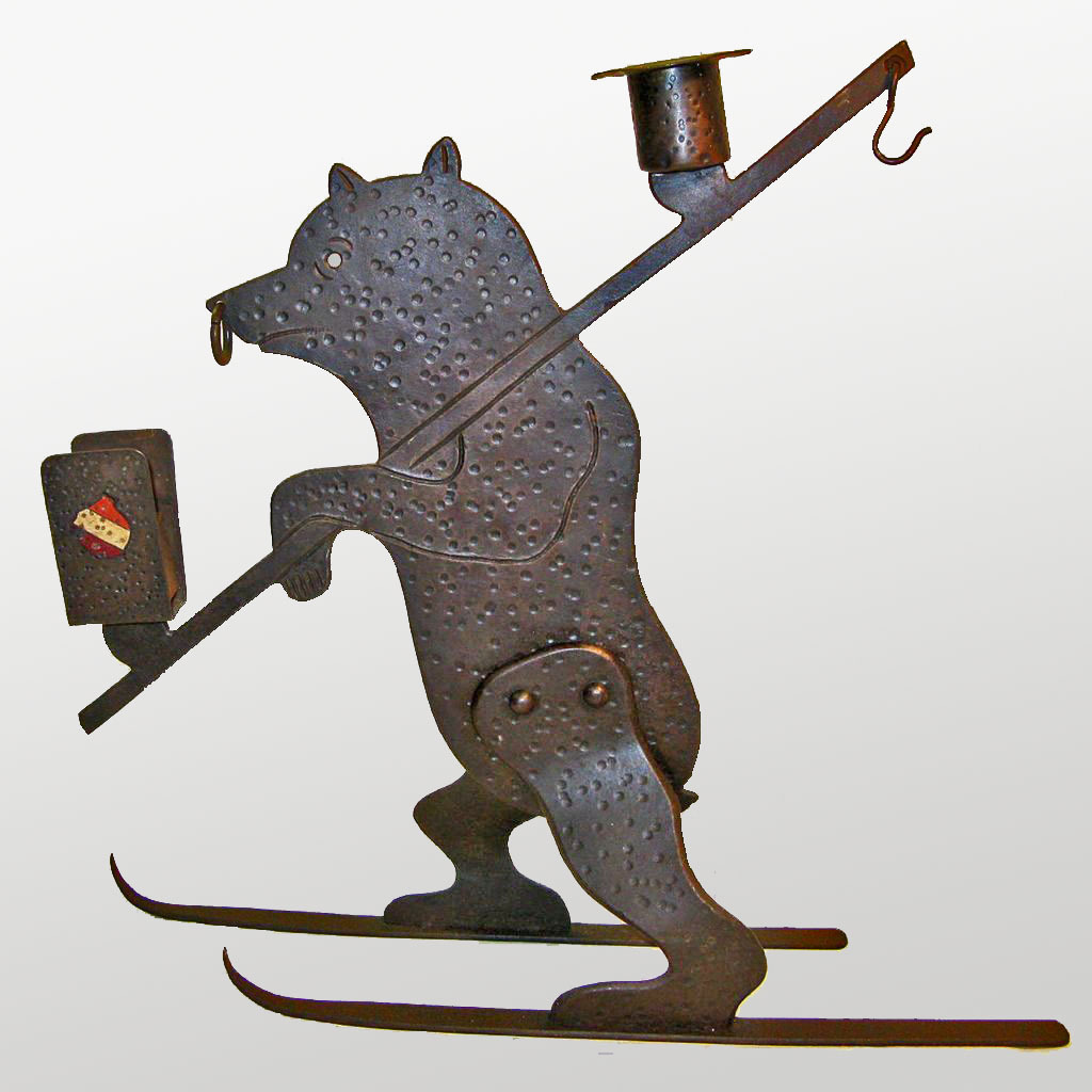 Goberg Hand-hammered Skiing Bear Candlestick/ Matchbox Holder, Ca. 1910 Goberg Hand-hammered Skiing Bear Candlestick/ Matchbox Holder, Ca. 1910