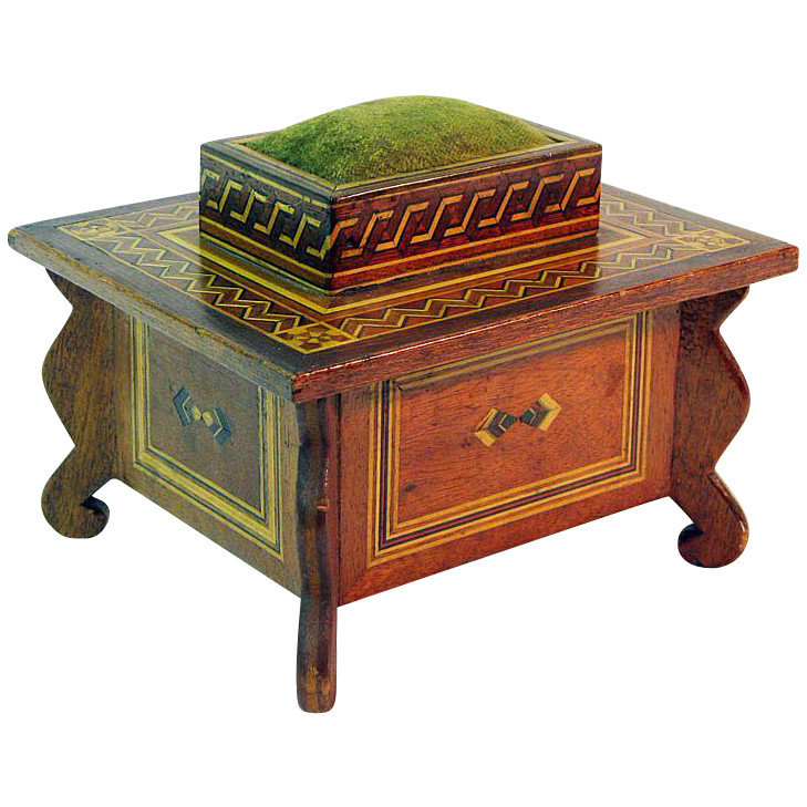 Inlaid Sewing Box w/Pin Cushion & Drawer, Ca. 1900 Inlaid Sewing Box w/Pin Cushion & Drawer, Ca. 1900