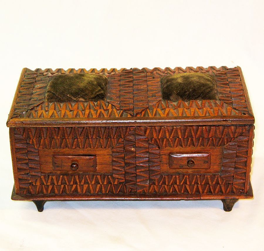 Notches Everywhere! Post Civil War Tramp Art Sewing Box, Dresser Box w/ Drawers Notches Everywhere! Post Civil War Tramp Art Sewing Box, Dresser Box w/ Drawers