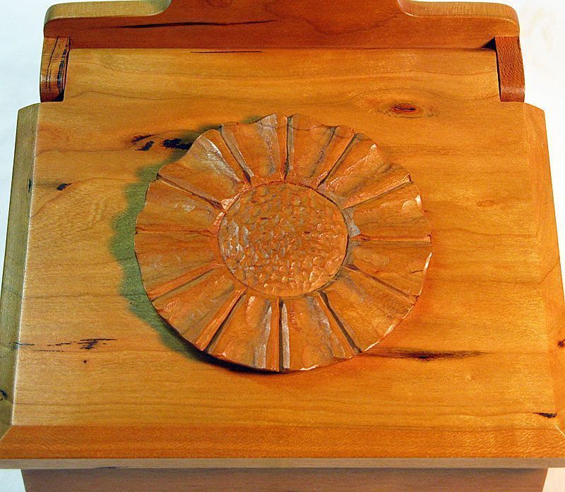 Hand Made Curly Cherry Salt Box, Wall Box, w/Drawer, Carved Flower Medallion Hand Made Curly Cherry Salt Box, Wall Box, w/Drawer, Carved Flower Medallion