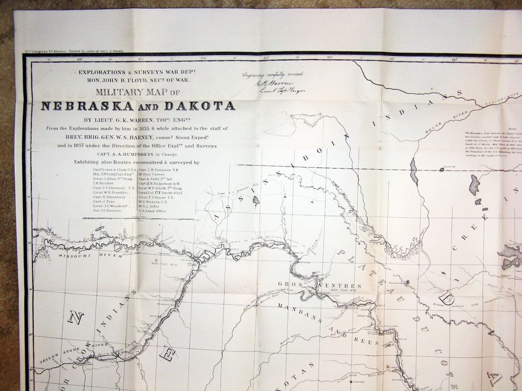 Preliminary Report of Explorations in Nebraska and Dakota in the Years 1855,'56,'57, by Lieut. G.K.Warren,,Fold Out Map, 1875 Preliminary Report of Explorations in Nebraska and Dakota in the Years 1855,'56,'57, by Lieut. G.K.Warren,,Fold Out Map, 1875