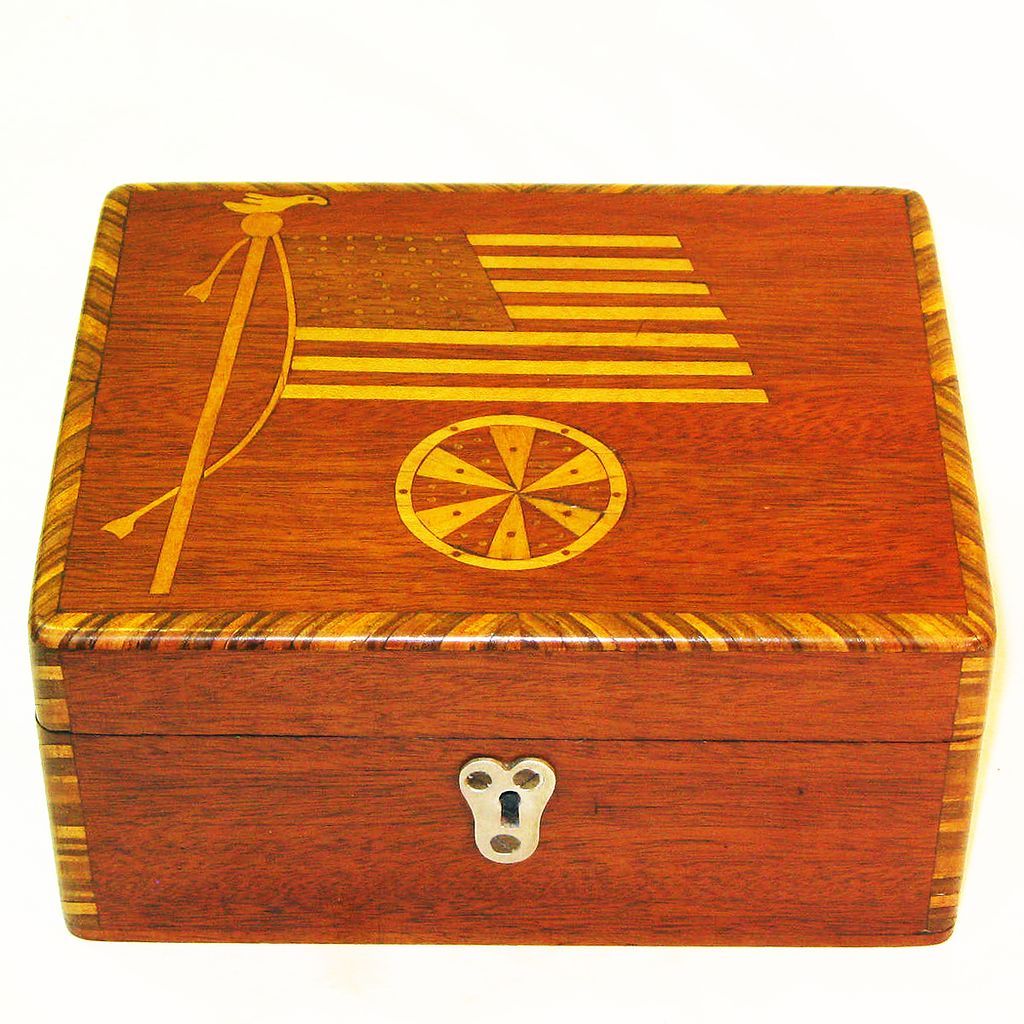 Patriotic Inlaid Flag-Decorated Folk Art Dresser Box Patriotic Inlaid Flag-Decorated Folk Art Dresser Box