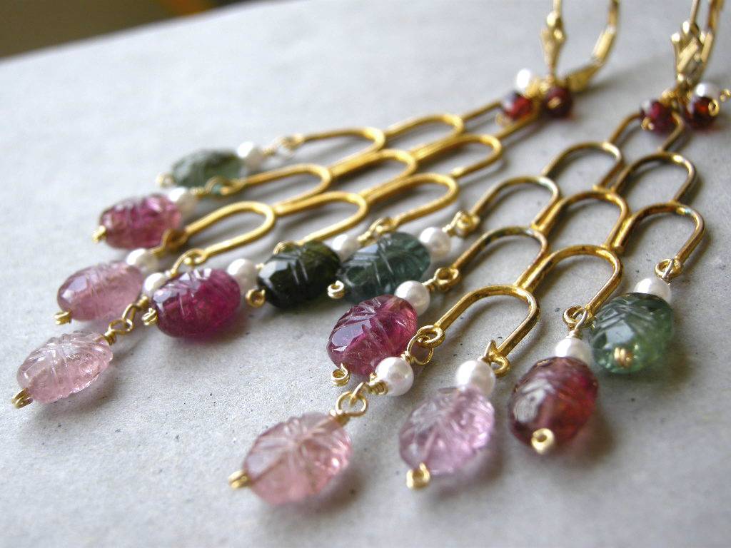 Tourmaline chandelier earrings pink green Garnet Gold filled lever backs Tourmaline chandelier earrings pink green Garnet Gold filled lever backs