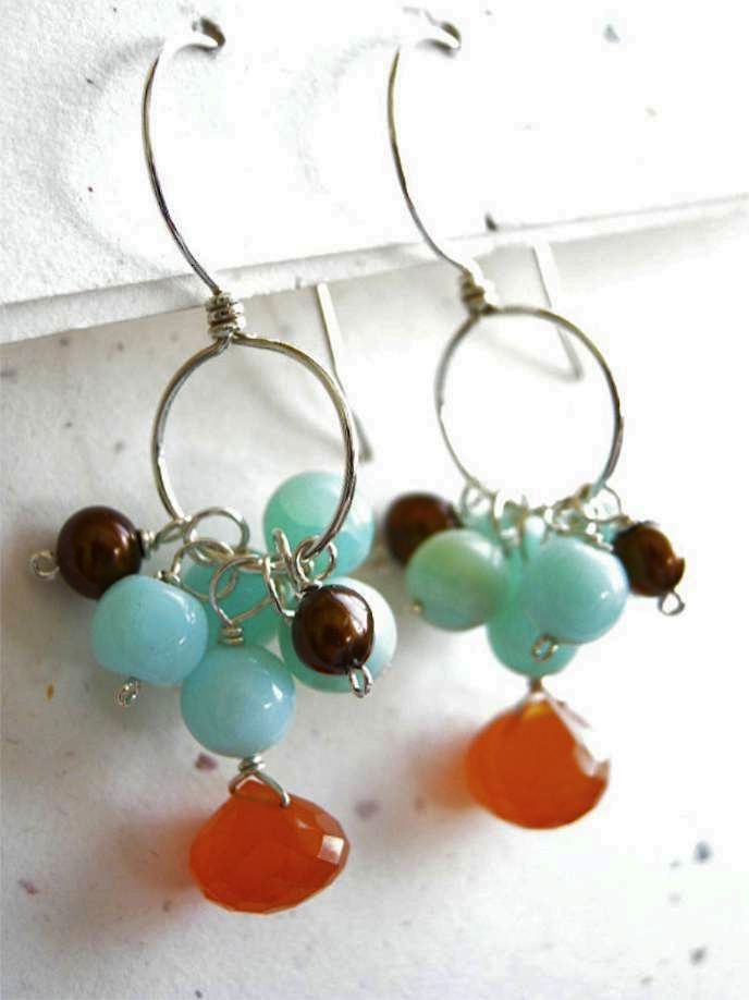 Peruvian Opal Silver earrings Carnelian Chocolate Pearls Designer Peruvian Opal Silver earrings Carnelian Chocolate Pearls Designer