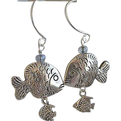 Designer Fish Sterling Silver hoops charm Camp Sundance dangle earrings Designer Fish Sterling Silver hoops charm Camp Sundance dangle earrings