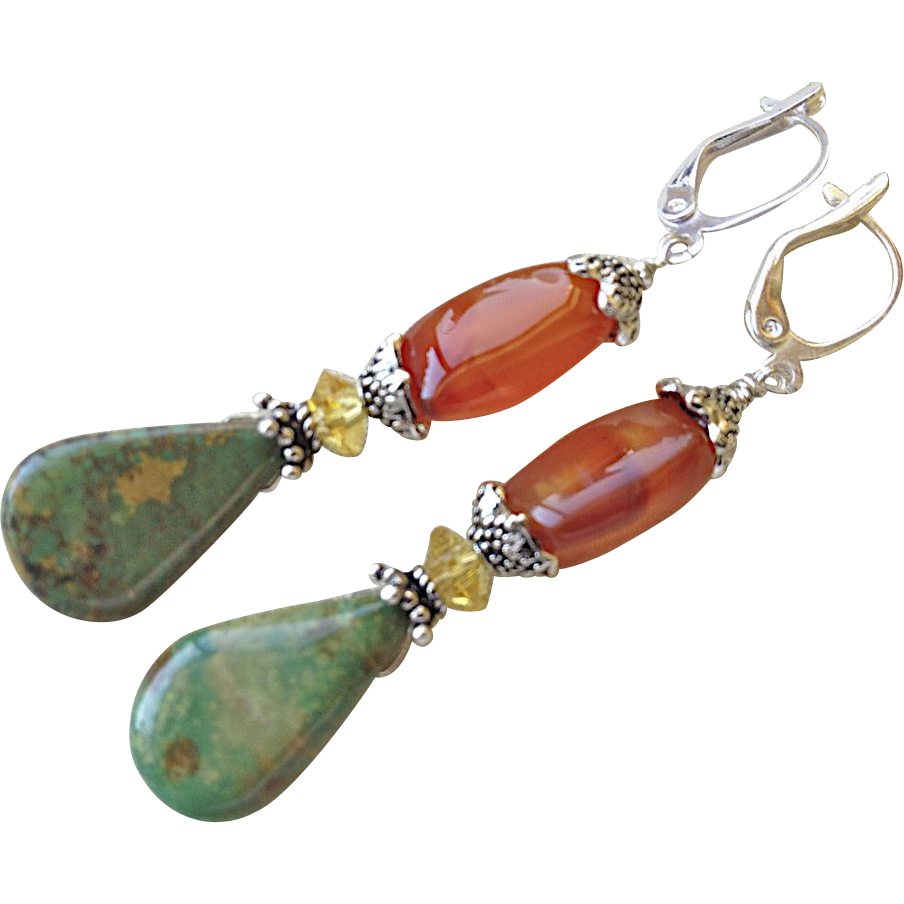Green Turquoise Carnelian lever back earrings Camp Sundance Green Turquoise Carnelian lever back earrings Camp Sundance