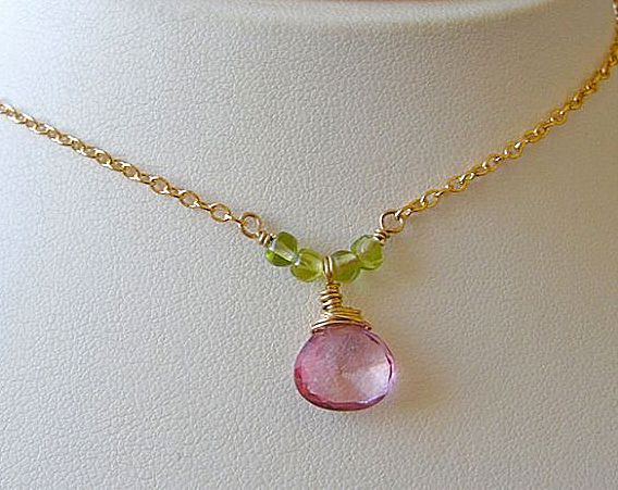 Pink Mystic Quartz Solitaire Peridot accented Camp Sundance Pendant necklace Pink Mystic Quartz Solitaire Peridot accented Camp Sundance Pendant necklace