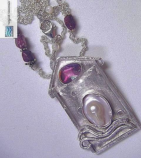 Tourmaline Mabe pearl Silver pendant necklace pink dichroic Camp Sundance Tourmaline Mabe pearl Silver pendant necklace pink dichroic Camp Sundance