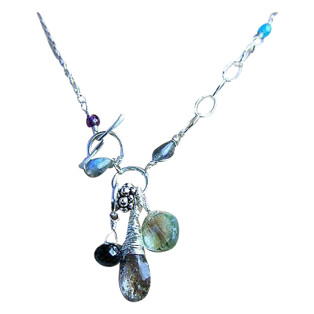 Moss Amethyst Silver necklace London Topaz Prehnite Labradorite briolette charms Camp Sundance Moss Amethyst Silver necklace London Topaz Prehnite Labradorite briolette charms Camp Sundance
