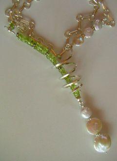 Peridot Pearl spiral toggle necklace asymmetrical Camp Sundance Silver bridal Pearls Peridot Pearl spiral toggle necklace asymmetrical Camp Sundance Silver bridal Pearls