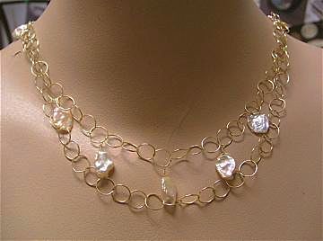 Petal Pearls peach pink freshwater Keshi circle links 14k Gold fill necklace Petal Pearls peach pink freshwater Keshi circle links 14k Gold fill necklace