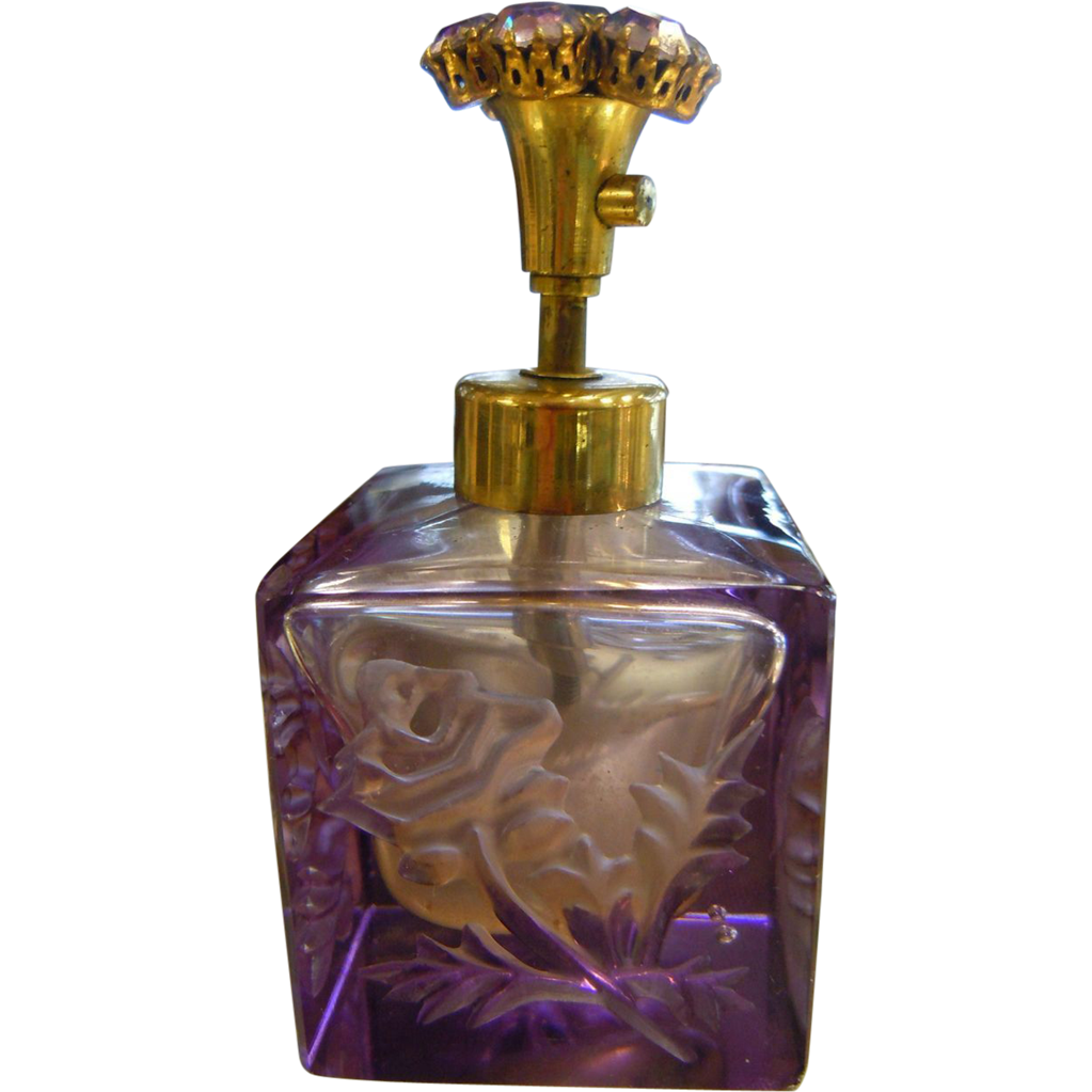 Beautiful Vintage Engraved Purple Glass Perfume Bottle w/ Purple/Pink