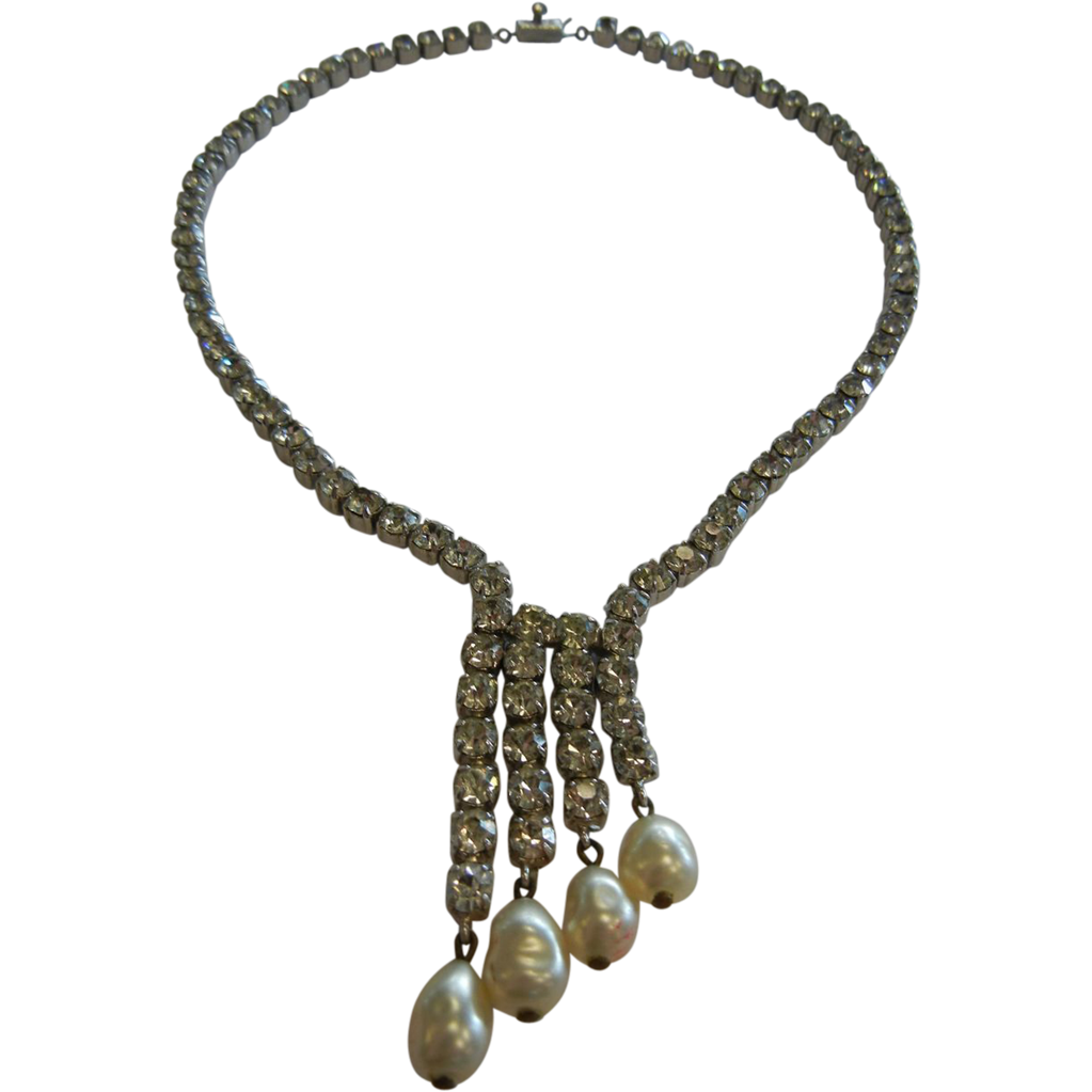Vintage Rhinestone FauxPearl Costume Jewelry Necklace from