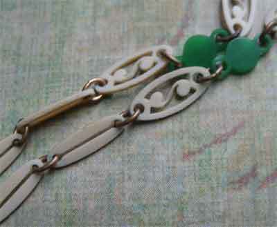 French Ivory Foliate Pendant On Lacy Celluloid Linked Chain French Ivory Foliate Pendant On Lacy Celluloid Linked Chain