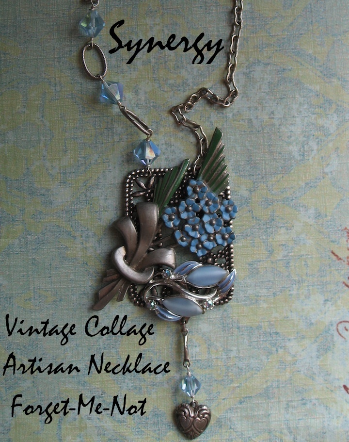 Forget-Me-Not Collage Pendant Necklace With Puffy Sterling Heart Dangle Forget-Me-Not Collage Pendant Necklace With Puffy Sterling Heart Dangle