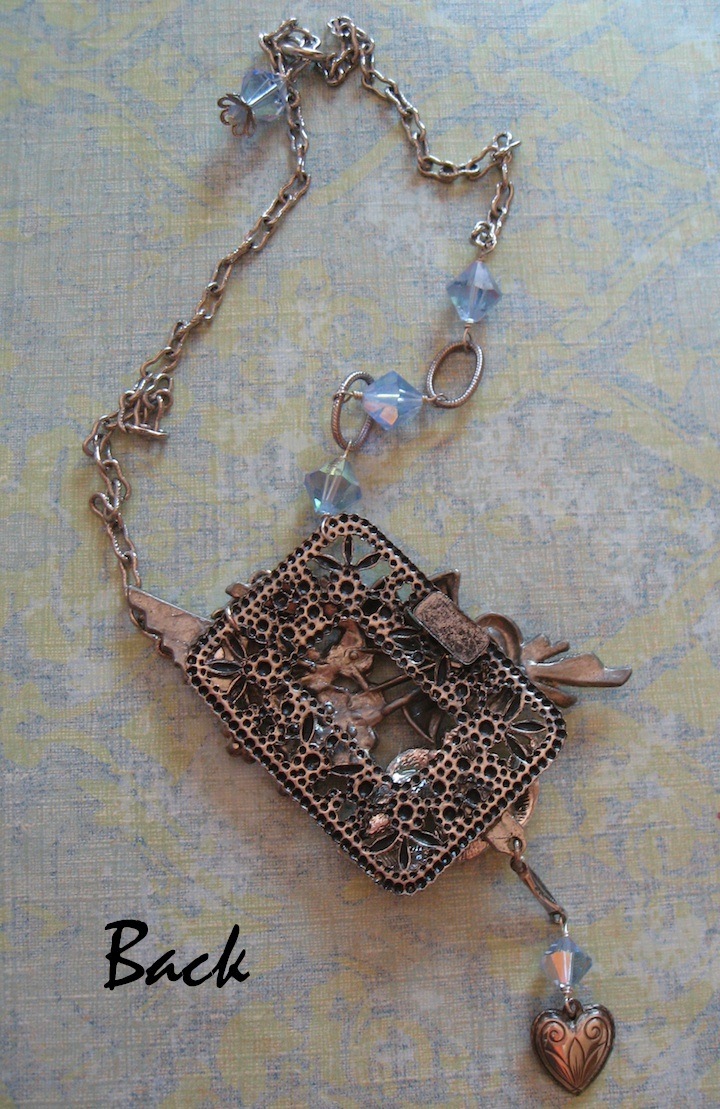Forget-Me-Not Collage Pendant Necklace With Puffy Sterling Heart Dangle Forget-Me-Not Collage Pendant Necklace With Puffy Sterling Heart Dangle