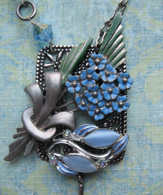 Forget-Me-Not Collage Pendant Necklace With Puffy Sterling Heart Dangle Forget-Me-Not Collage Pendant Necklace With Puffy Sterling Heart Dangle