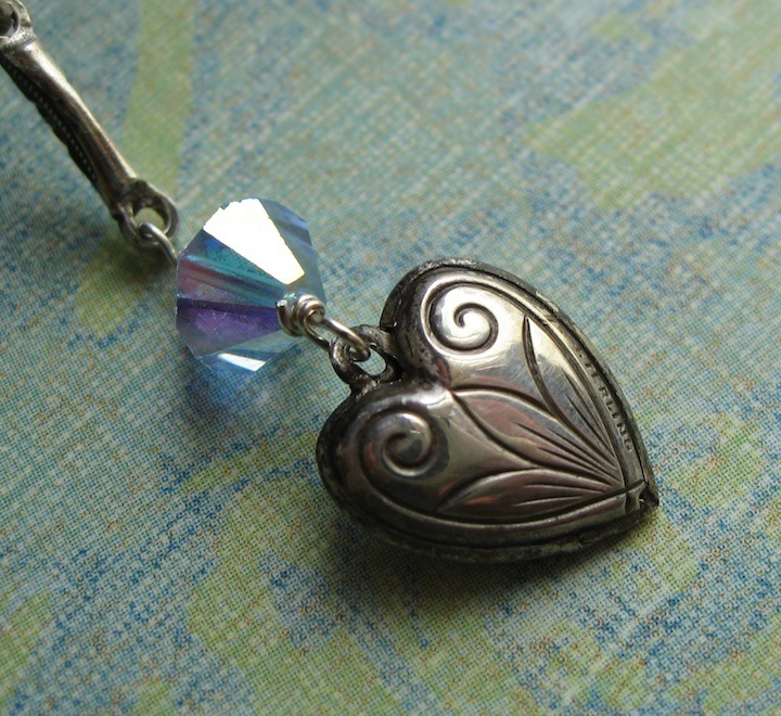 Forget-Me-Not Collage Pendant Necklace With Puffy Sterling Heart Dangle Forget-Me-Not Collage Pendant Necklace With Puffy Sterling Heart Dangle