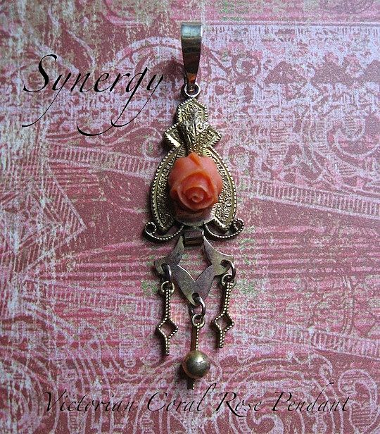 Victorian Gold Fill Drop Pendant With Coral Rose Victorian Gold Fill Drop Pendant With Coral Rose