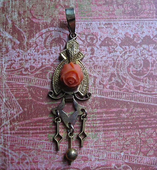 Victorian Gold Fill Drop Pendant With Coral Rose Victorian Gold Fill Drop Pendant With Coral Rose