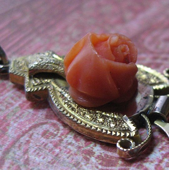 Victorian Gold Fill Drop Pendant With Coral Rose Victorian Gold Fill Drop Pendant With Coral Rose