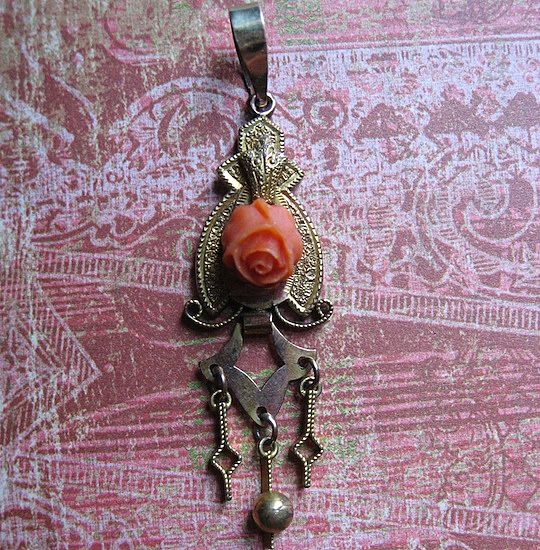 Victorian Gold Fill Drop Pendant With Coral Rose Victorian Gold Fill Drop Pendant With Coral Rose