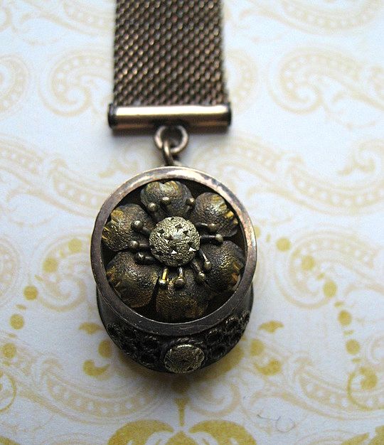 Victorian Mesh Watch Chain With Floral Etruscan Fob R & F Hallmark Victorian Mesh Watch Chain With Floral Etruscan Fob R & F Hallmark