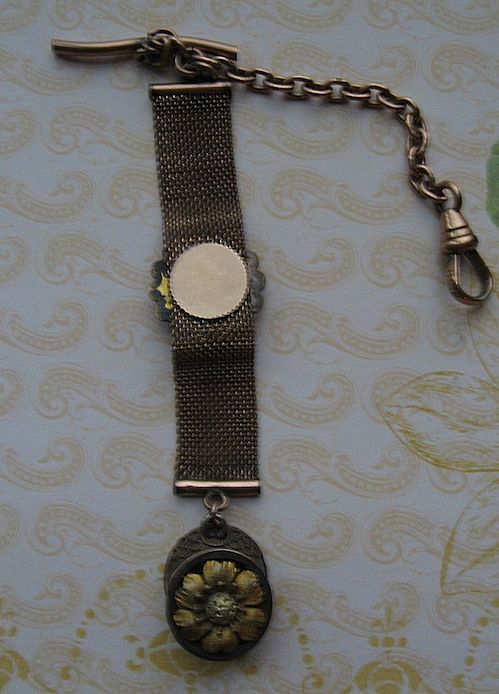 Victorian Mesh Watch Chain With Floral Etruscan Fob R & F Hallmark Victorian Mesh Watch Chain With Floral Etruscan Fob R & F Hallmark
