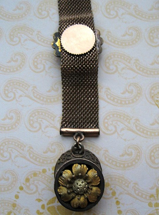 Victorian Mesh Watch Chain With Floral Etruscan Fob R & F Hallmark Victorian Mesh Watch Chain With Floral Etruscan Fob R & F Hallmark