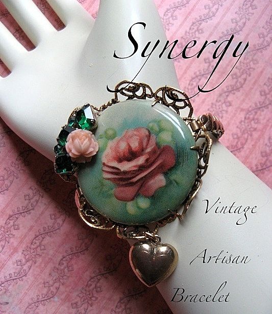 Vintage Artisan Rose Motif Assemblage Bracelet With Celluloid Vintage Artisan Rose Motif Assemblage Bracelet With Celluloid