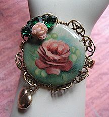 Vintage Artisan Rose Motif Assemblage Bracelet With Celluloid Vintage Artisan Rose Motif Assemblage Bracelet With Celluloid