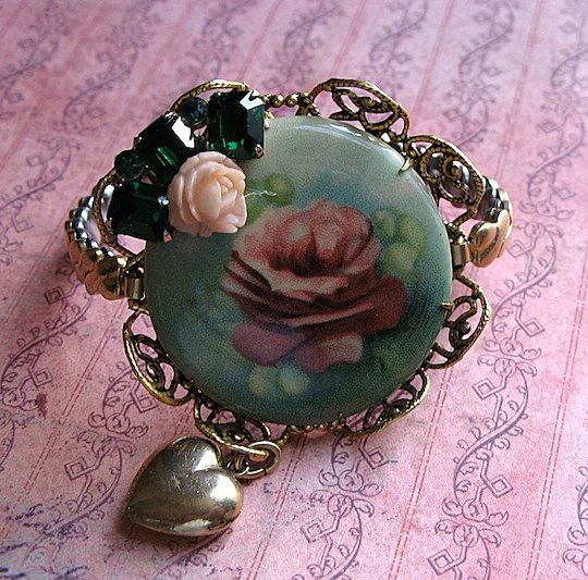 Vintage Artisan Rose Motif Assemblage Bracelet With Celluloid Vintage Artisan Rose Motif Assemblage Bracelet With Celluloid
