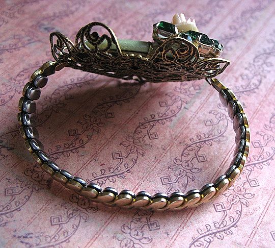 Vintage Artisan Rose Motif Assemblage Bracelet With Celluloid Vintage Artisan Rose Motif Assemblage Bracelet With Celluloid