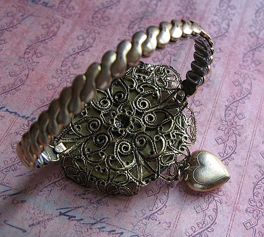 Vintage Artisan Rose Motif Assemblage Bracelet With Celluloid Vintage Artisan Rose Motif Assemblage Bracelet With Celluloid