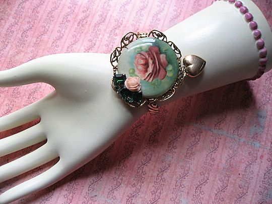 Vintage Artisan Rose Motif Assemblage Bracelet With Celluloid Vintage Artisan Rose Motif Assemblage Bracelet With Celluloid