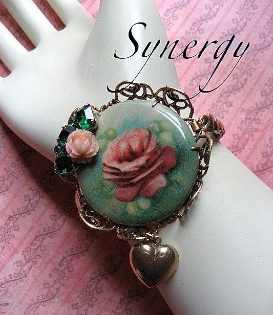 Vintage Artisan Rose Motif Assemblage Bracelet With Celluloid Vintage Artisan Rose Motif Assemblage Bracelet With Celluloid