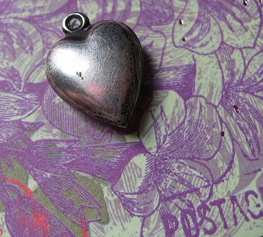 Victorian Puffy Sterling Heart Charm With Ornate Scrollwork Victorian Puffy Sterling Heart Charm With Ornate Scrollwork