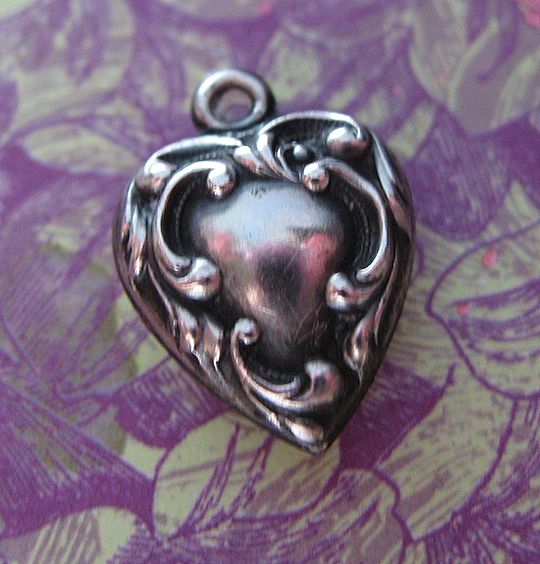 Victorian Puffy Sterling Heart Charm With Ornate Scrollwork Victorian Puffy Sterling Heart Charm With Ornate Scrollwork
