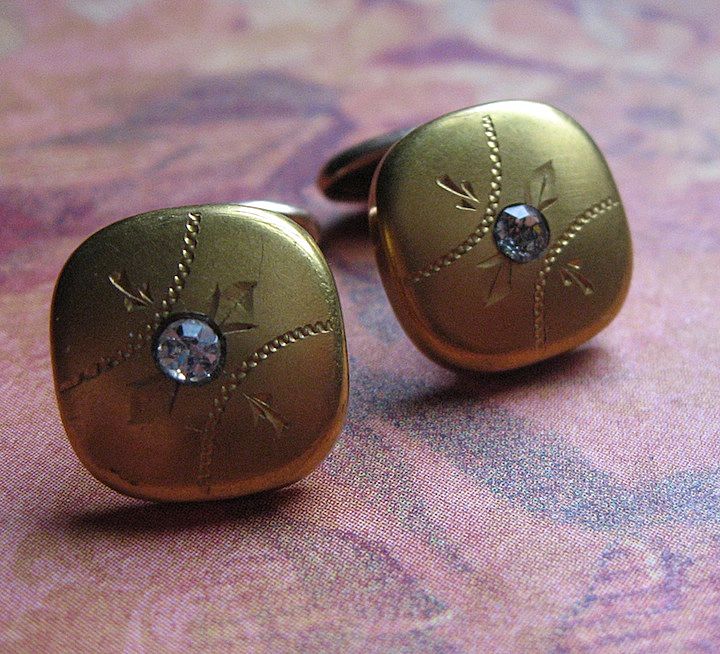 Edwardian Gold Fill Cufflinks With Etched Design and Paste Stone Edwardian Gold Fill Cufflinks With Etched Design and Paste Stone