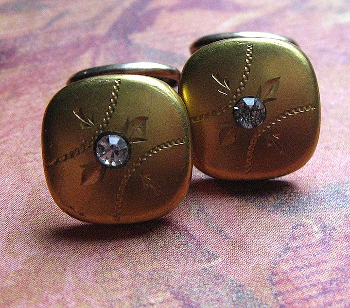 Edwardian Gold Fill Cufflinks With Etched Design and Paste Stone Edwardian Gold Fill Cufflinks With Etched Design and Paste Stone