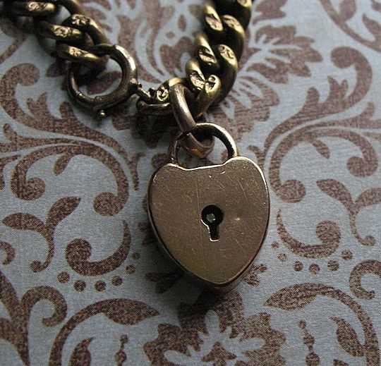 Victorian Brass Textural Bracelet With Padlock Heart Charm Victorian Brass Textural Bracelet With Padlock Heart Charm