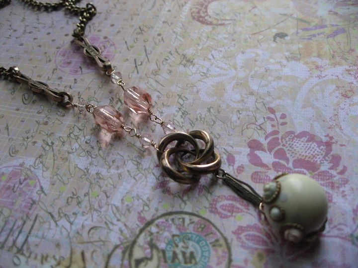 Victorian Inspired Lover's Knot With Rosaline Crystal Artisan Necklace Victorian Inspired Lover's Knot With Rosaline Crystal Artisan Necklace