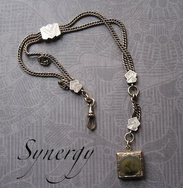 Victorian Watch Chain With Engraved Slider And Double Sided Moss Agate Fob Locket Victorian Watch Chain With Engraved Slider And Double Sided Moss Agate Fob Locket