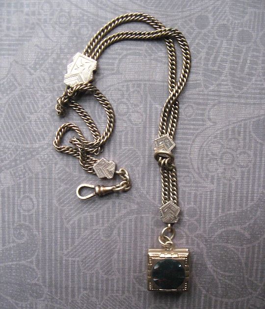 Victorian Watch Chain With Engraved Slider And Double Sided Moss Agate Fob Locket Victorian Watch Chain With Engraved Slider And Double Sided Moss Agate Fob Locket