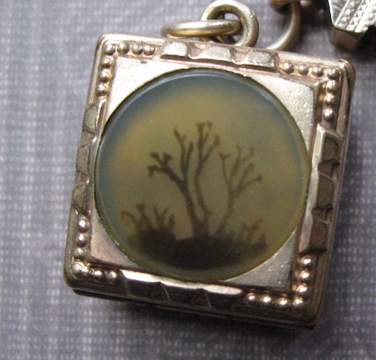 Victorian Watch Chain With Engraved Slider And Double Sided Moss Agate Fob Locket Victorian Watch Chain With Engraved Slider And Double Sided Moss Agate Fob Locket