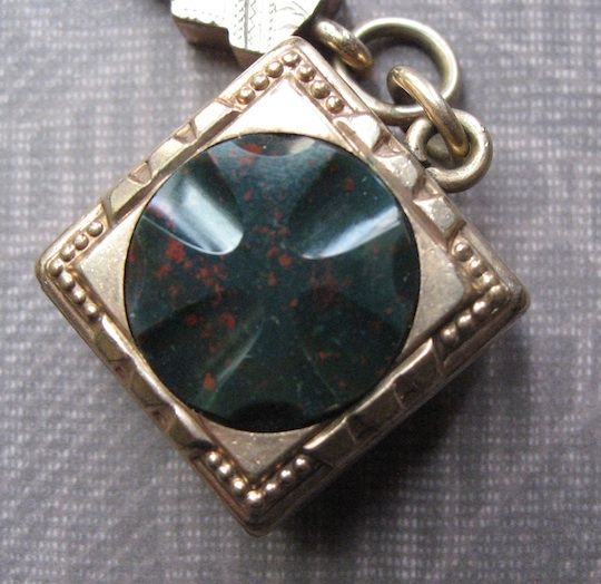 Victorian Watch Chain With Engraved Slider And Double Sided Moss Agate Fob Locket Victorian Watch Chain With Engraved Slider And Double Sided Moss Agate Fob Locket